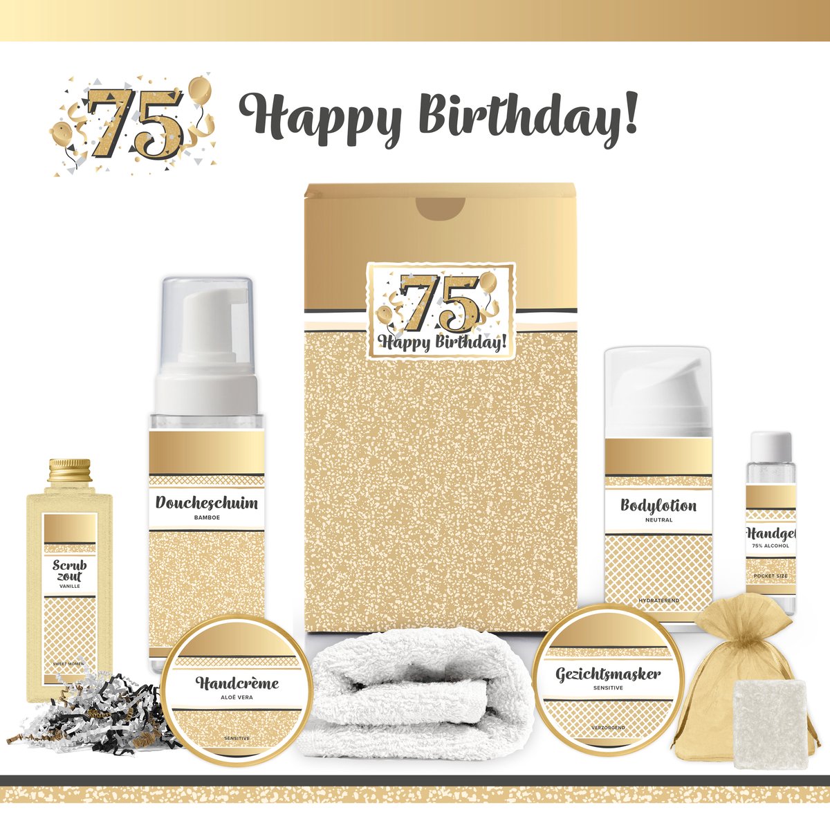 Goedkoopste Geschenkset “75 Jaar Happy Birthday!” - 8 producten - 680 gram | Giftset voor haar - Luxe wellness cadeaubox - Cadeau vrouw - Gefeliciteerd - Set Verjaardag - Geschenk jarige - Cadeaupakket moeder - Vriendin - Zus - Oma - Verjaardagscadeau - Goud