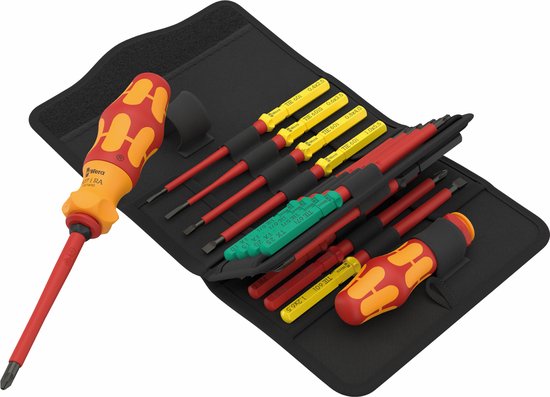 Jeu de tournevis Wera avec poignées rouge, jaune, verte et bleue, sur fond noir.