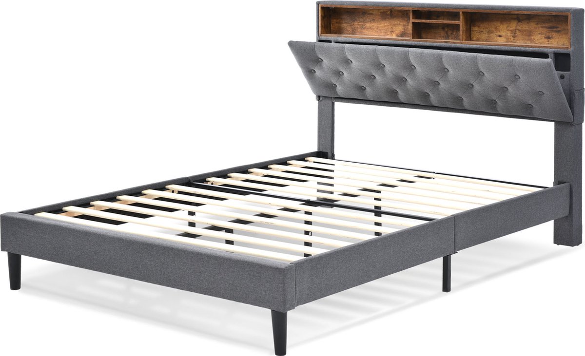 Merax Gestoffeerd Tweepersoonsbed 140x200 cm Inclusief Matras - Bed met Hoofdbord en LED-Verlichting - Grijs