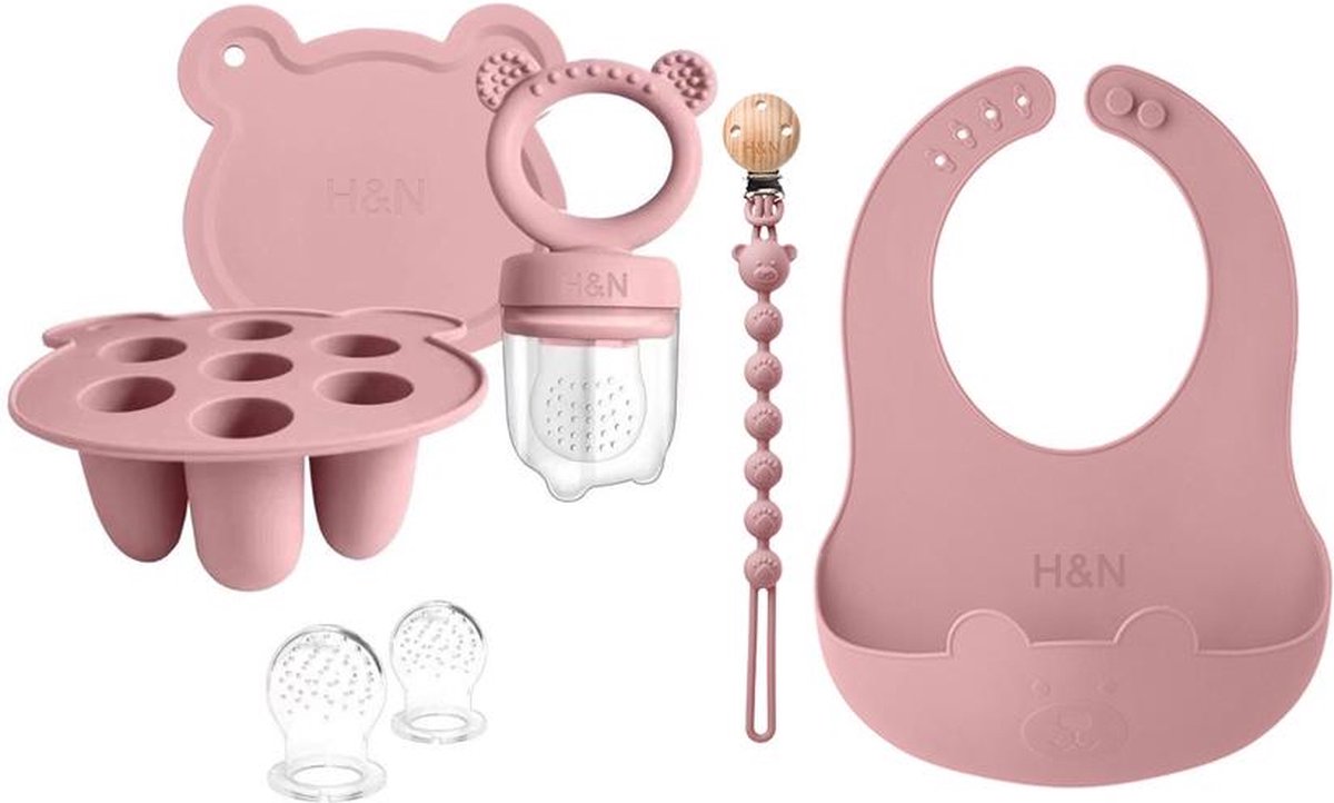 Goedkoopste Baby Voedingsspeen Set - Siliconen Voedingsspeen met vriesbakken en een slabbetje, fopspeenclip (Roze