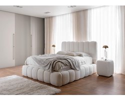 Bed Cande Luxe - Teddy stof bouclé Ivoor - Bed met Opbergruimte 140x200 cm - Boxsprings Bedden en Matrassen zetelsenbedden