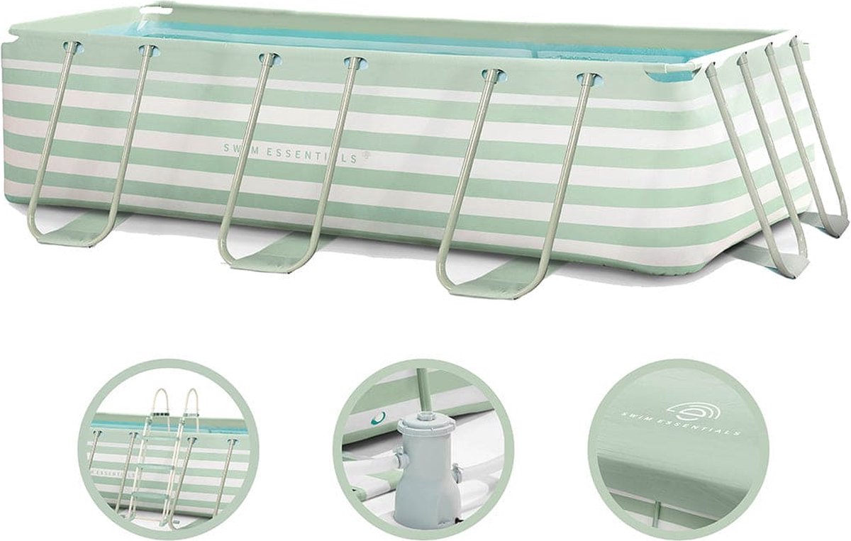 Swim Essentials Opzetzwembad Frame Zwembad Rechthoek Groen Wit Gestreept 400 x 200 x 75 cm met Filterpomp Grond- & Afdekzeil & Trap