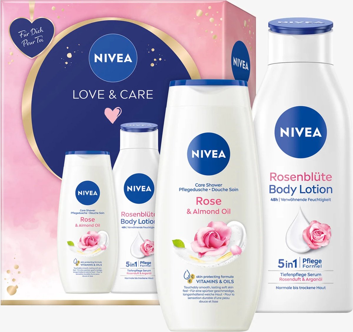Goedkoopste NIVEA Love & Care Geschenkset met hydraterende verzorgingsproducten Geschenkdoos met Care Shower en Rose Petal Body Lotion 650ml