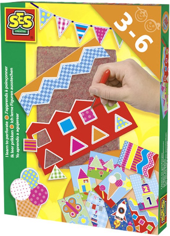 SES - Ik leer prikken - Montessori Speelgoed - prikmatje van vilt, prikpen en 9 verschillende prikkaarten - Knutselen voor kinderen