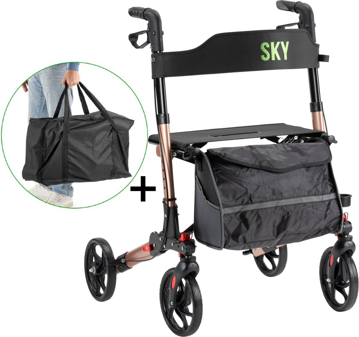 Goedkoopste Sky - Lichtgewicht rollator met transporttas - Champagne - Dubbel opvouwbaar - Met stokhouder, tas en rugband