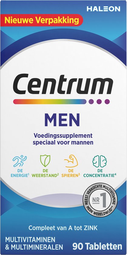 Centrum Men - Multivitaminen - 13 Vitaminen & 10 Mineralen - Tabletten - Energie, Weerstand, Spieren, Concentratie - Bevat Vitamine B6, B12, C, Ijzer en Magnesium - 90 stuks