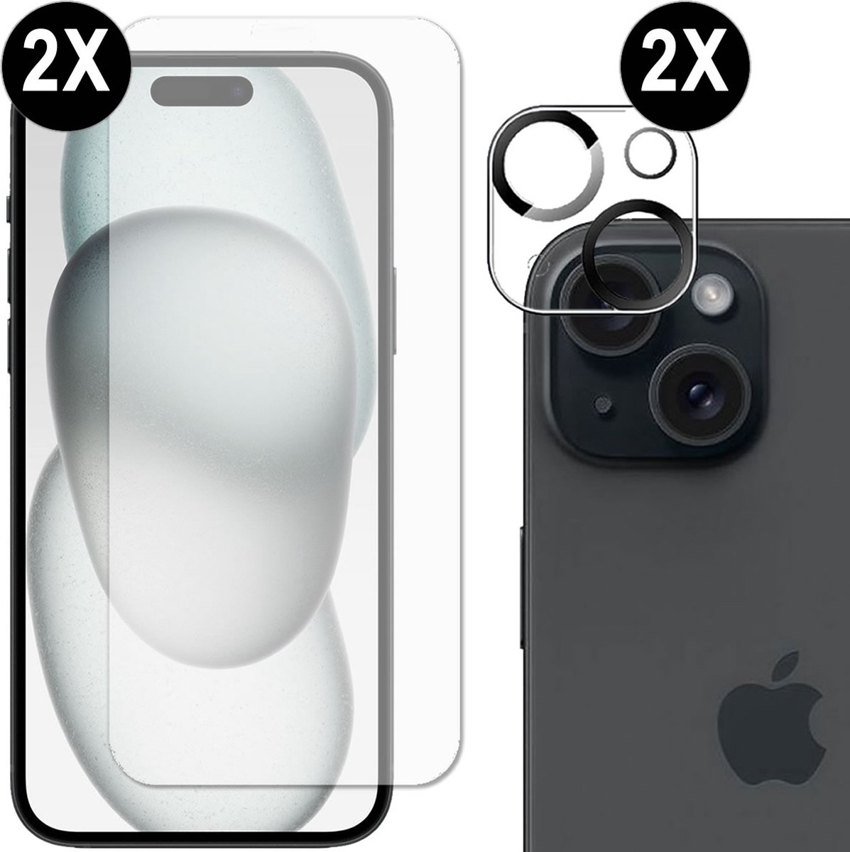 MDblue Glazen Screen Protector geschikt voor iPhone 15 2 Pack + 2 Pack Camera Lens beschermer - 9H Gehard Glas screenprotector Bescherming - 0.25mm - Anti-kras - HD Clear - 2.5D - Geschikt voor alle hoesjes