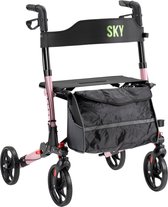 Sky - Lichtgewicht rollator - Roze - Dubbel opvouwbaar - Met stokhouder, tas en rugband