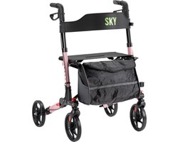 Sky - Lichtgewicht rollator - Roze - Dubbel opvouwbaar - Met stokhouder, tas en rugband