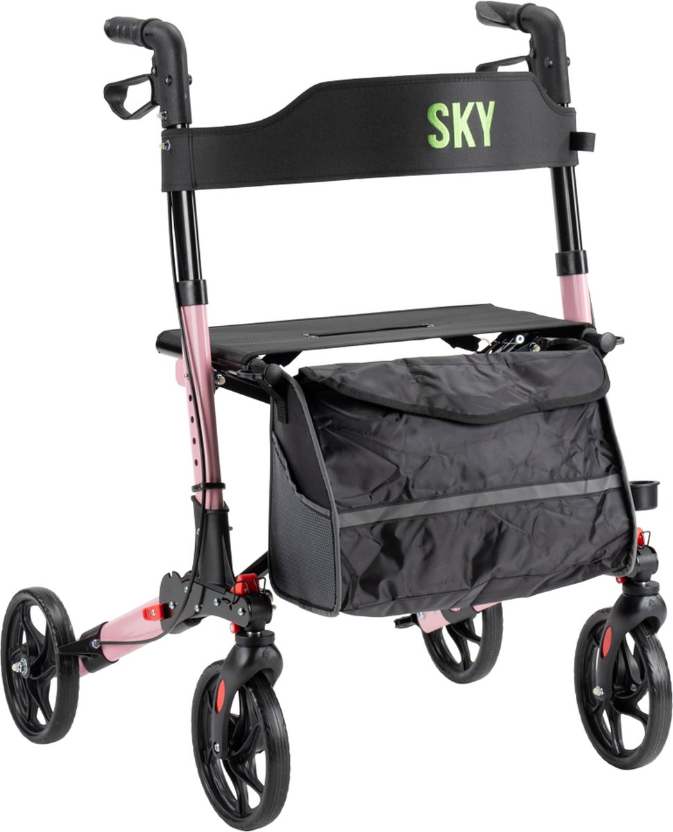 Goedkoopste Sky - Lichtgewicht rollator - Roze - Dubbel opvouwbaar - Met stokhouder, tas en rugband