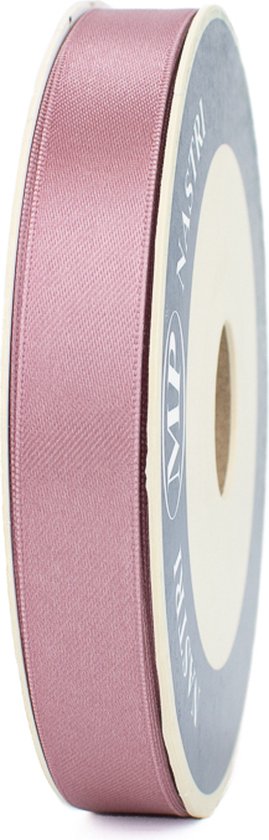 Rouleau de ruban de satin vieux rose, 15 mm de large, 50 mètres de long. Le ruban a un éclat doux et est enroulé sur une bobine en carton avec 'NASTRI' dessus.