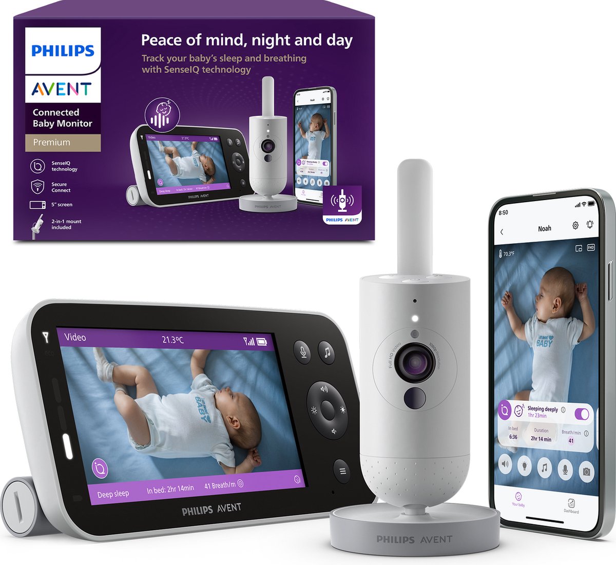 Afbeelding van Philips Avent Premium Connected Babyfoon met camera en app – Ademhaling en slaap detectie SCD973/26