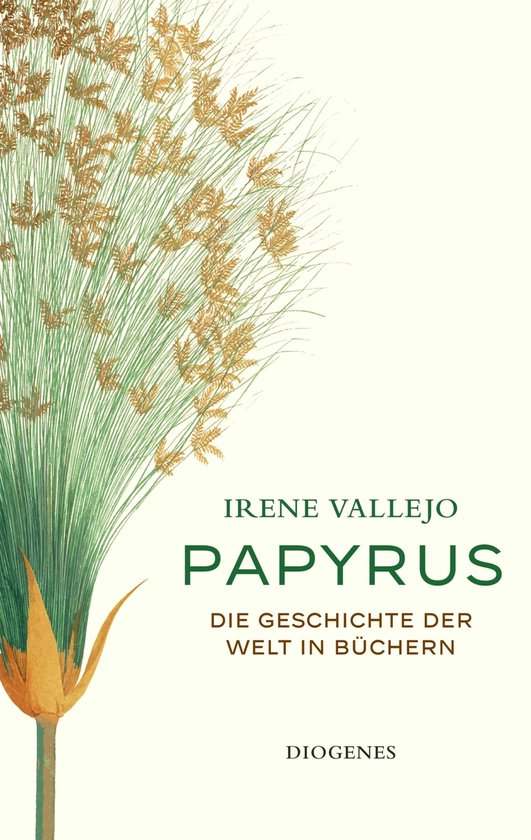 Boek 'Papyrus: Die Geschichte der Welt in Büchern' van Irene Vallejo met een illustratie van papyrusplanten.