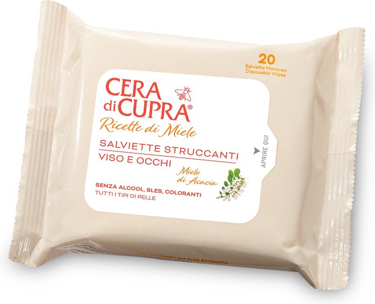 Cera di Cupra Salviette Struccanti - Alcoholvrije reinigingsdoekjes met Cupra honing, Hyaluronzuur en Aloë Vera voor gezicht, ogen en lippen.