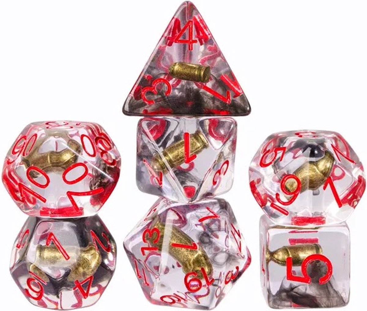 Lapi Toys - Dungeons and Dragons dobbelstenen - DnD Dice - Polydice - Dobbelstenen Dungeons Dragons - D&D dobbelstenen - DnD Dice Set - 1 set (7 stuks) - Met bullets - Resin - Transparant