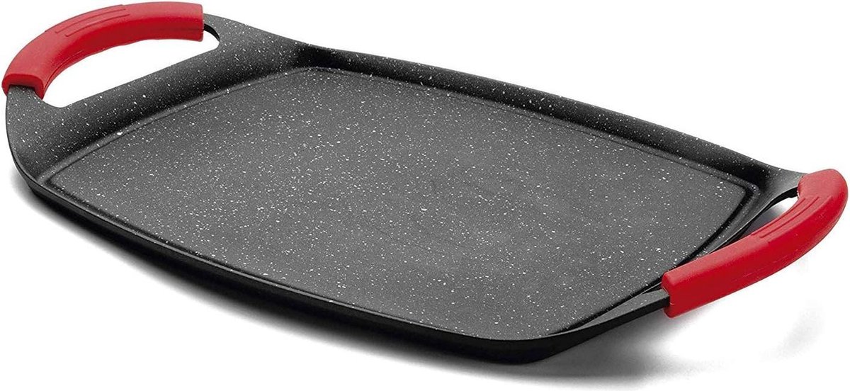 Plancha Grill Bakplaat met Steeneffect Antiaanbaklaag Rode Siliconen Handgrepen 47 x 29 cm Grilplaat