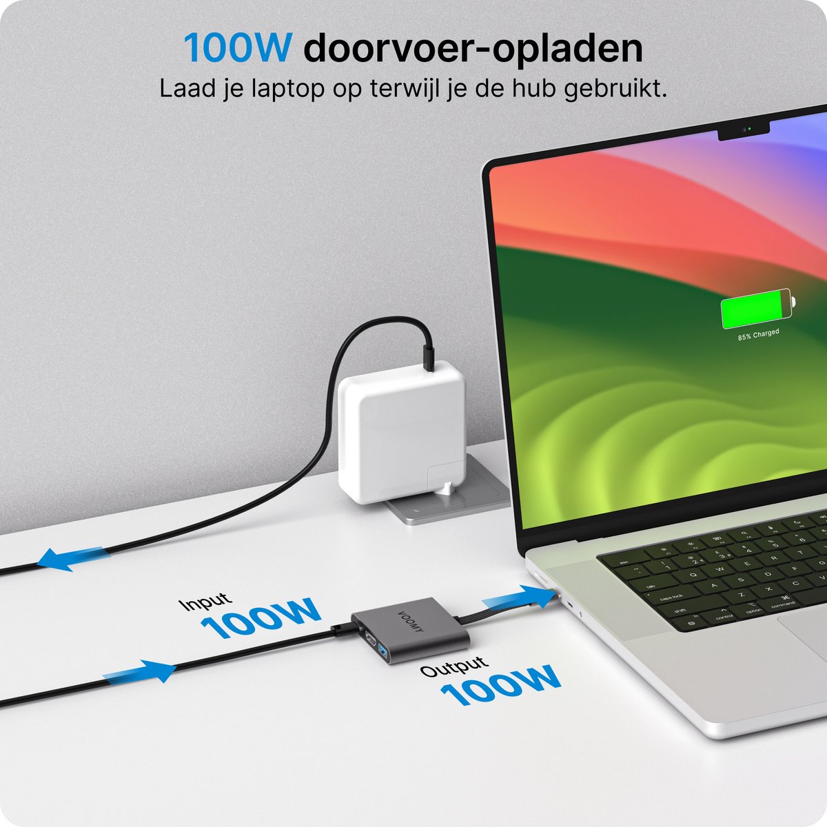 Voomy 3-in-1 USB-C Hub met HDMI 4K, USB 3.0 en USB-C PD 100W opladen - voor MacBook, Windows, tablet - Afbeelding 4