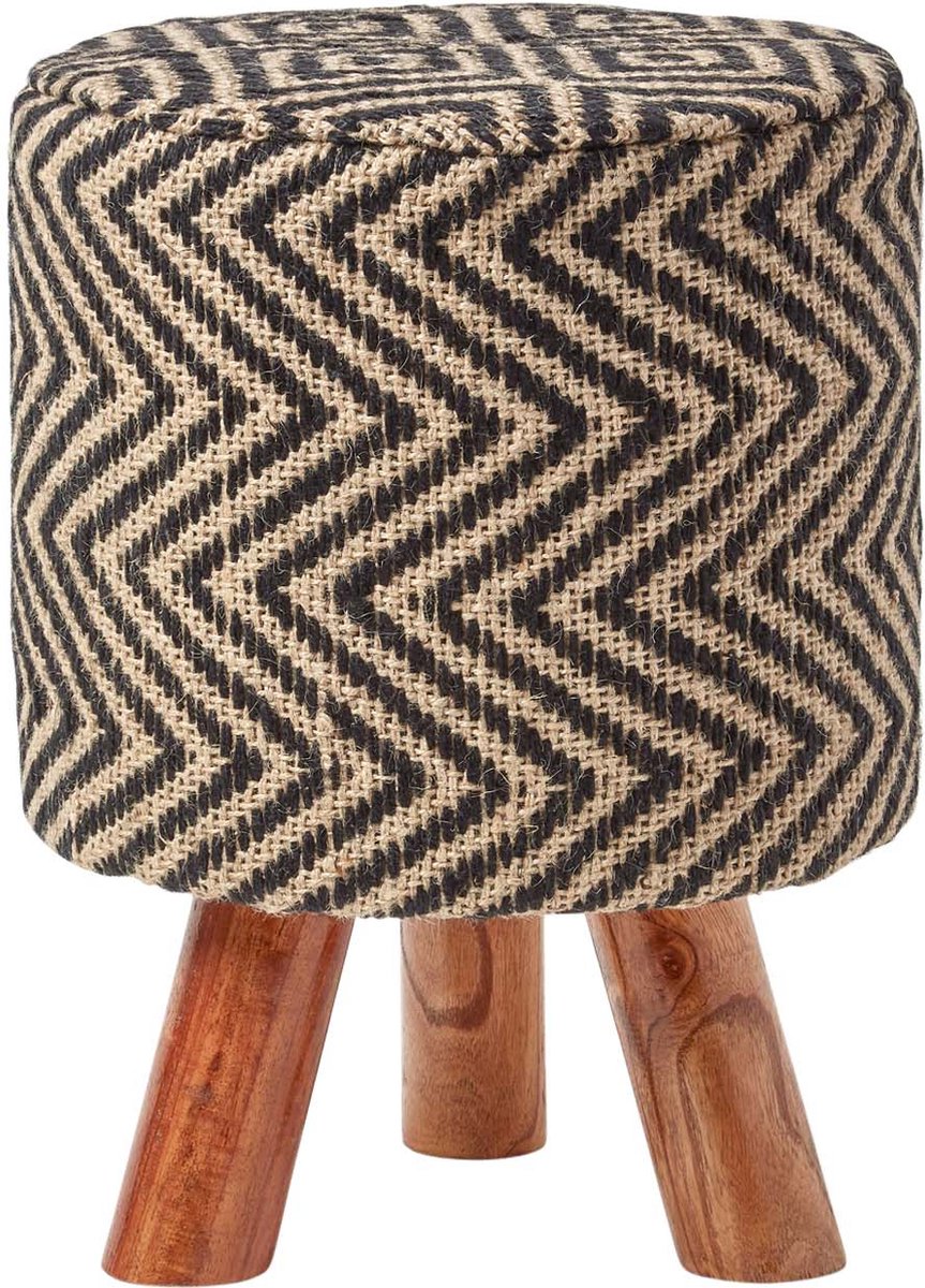 Homescapes Ronde jute kruk met houten poten – etnisch patroon zwart-naturel, 32 x 32 x 42 cm Zwart-Natuur