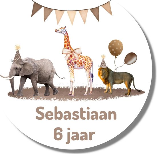 Gepersonaliseerde Jungle Stickers Naam Leeftijd | Olifant Leeuw Giraffe | Dieren | Verjaardag Feest | 20 stuks | 4 cm