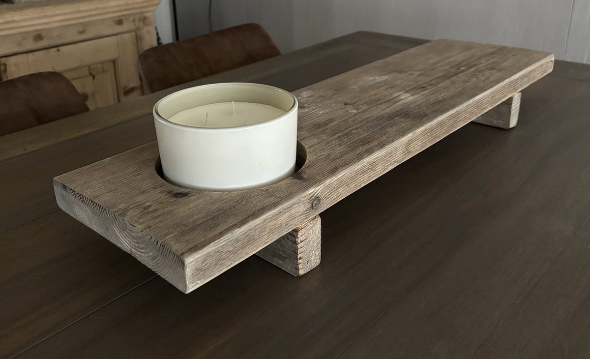 Vensterbank plank - Inclusief geurkaars - Verzonken houder - Tafelplank - Gebruikt hout - 70x19,5x8 cm