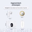 Afmetingen van witte draadloze oordopjes en opladercase vergeleken met een munt. "Ergonomisch ontworpen" met maten 33mm, 23mm, 49.7mm, 60mm, 25.7mm en 24mm.