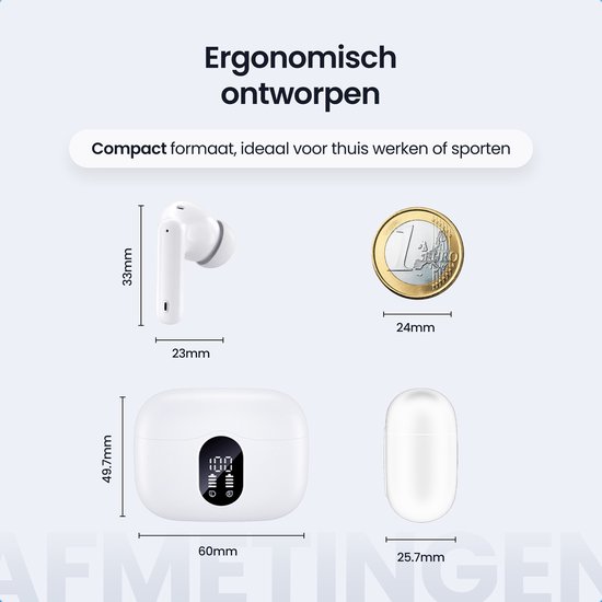 Afmetingen van witte draadloze oordopjes en opladercase vergeleken met een munt. "Ergonomisch ontworpen" met maten 33mm, 23mm, 49.7mm, 60mm, 25.7mm en 24mm.