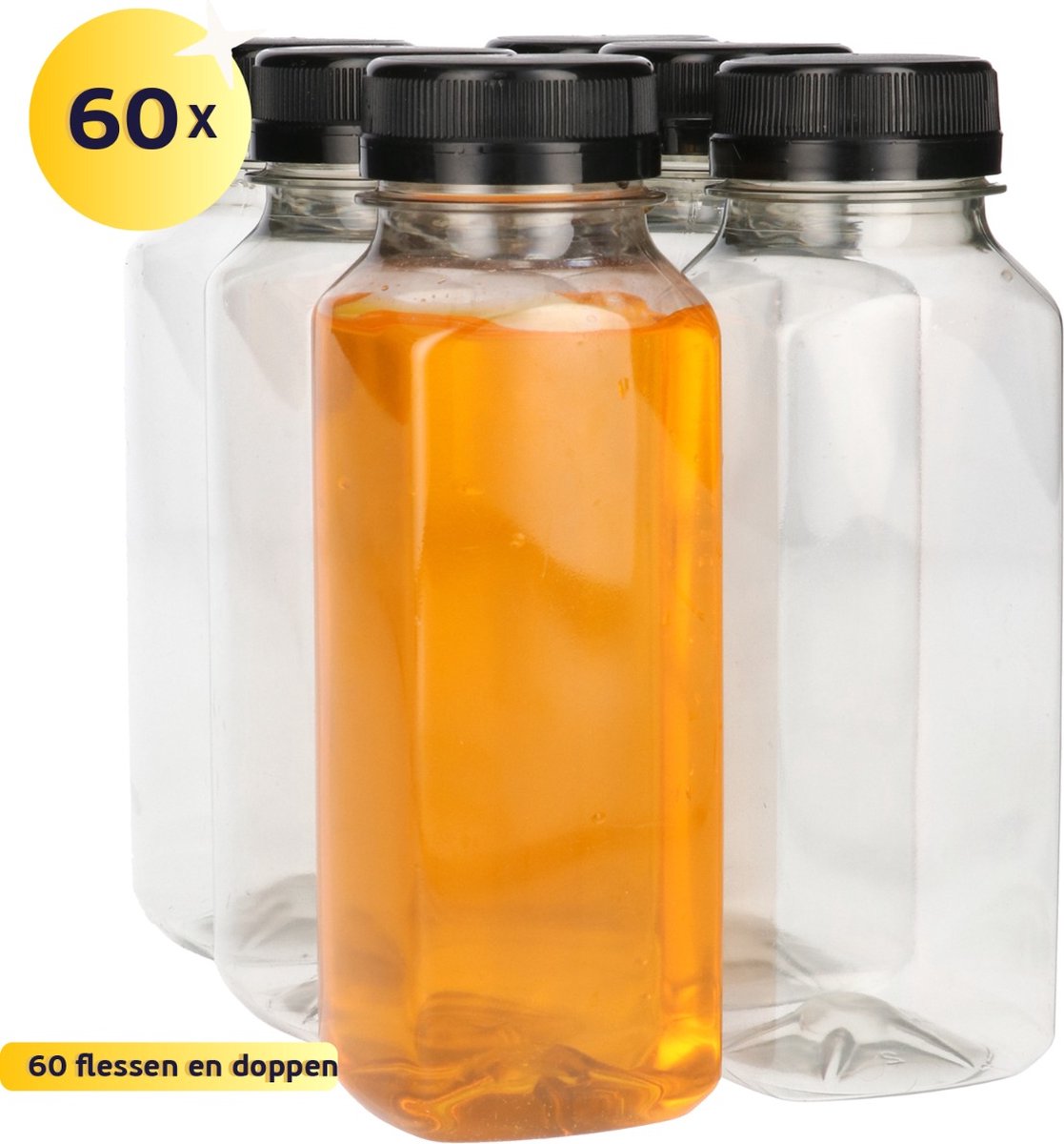 60 x Sapfles Plastic 250 ml - Vierkant - R-PET Flessen met Dop Zwart- Gerecycled PET - tot 60% minder Co2 uitstoot - 60 stuks