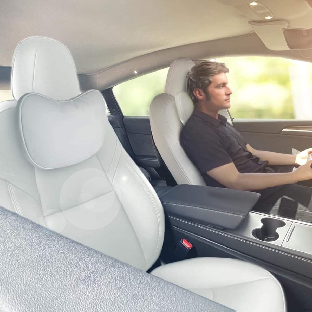"Hoofdsteunkussen voor Auto - Ergonomisch Nekkussen - Verstelbare Band - Comfortabele Ondersteuning - Wit