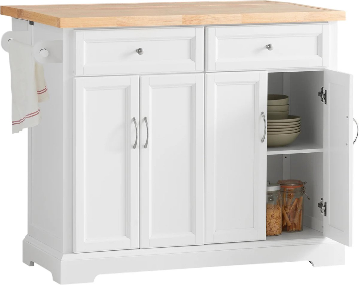 Keukeneiland - Verplaatsbaar - Keukenkast - Dressoir - Organizer - Kasten - Houten Werkblad - Keukenwagen - Hout - 4 Deure - 2 Laden - Wit