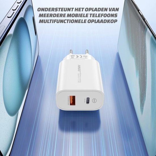 Een witte, compacte "20W" USB-C lader met één USB-A en één USB-C poort, geflankeerd door de zijkanten van twee smartphones. "ONDERSTEUNT HET OPLADEN VAN MEERDERE MOBIELE TELEFOONS MULTIFUNCTIONELE OPLAADKOP".