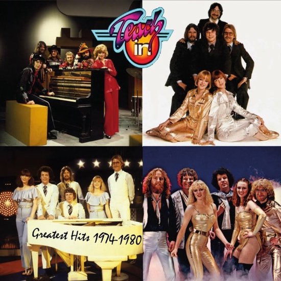 Hoes van "Greatest Hits 1974-1980" van Teach In. Vier panelen met de bandleden in verschillende outfits en posities.