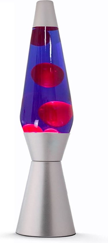 Paarse lavalamp met roze lava bubbels, zilverkleurige voet en top.