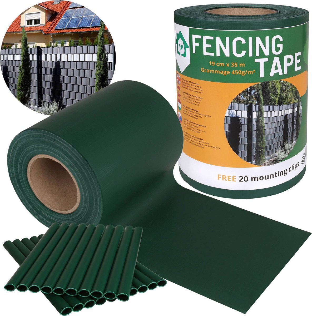 Schaduwrijke Vlechtband Hekwerk, beschermingsscherm UV 19 cm x 35 m - 450g/m2 + 20 bevestigingsclips