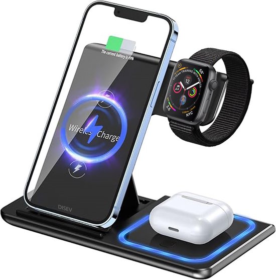 Chargeur sans fil DISEV® 3 en 1 (chargeur rapide 15W) - Pliable - Convient aux Smartphones iPhone et Android - Convient aux Apple iWatch Airpods Galaxy Buds - Station Qi sans fil - Chargeur GSM - Samsung - Android
