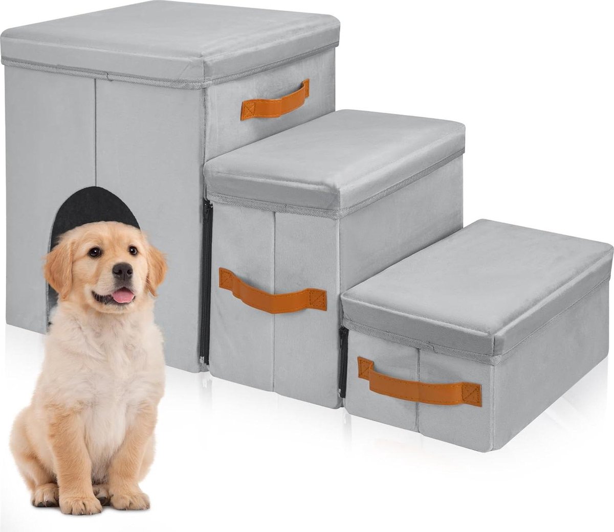 Hondentrap inklapbaar voor kleine honden met opbergruimte - 3 treden - multifunctioneel - 77 x 34 x 42 cm - lichtgrijs - belastbaar tot 30 kg