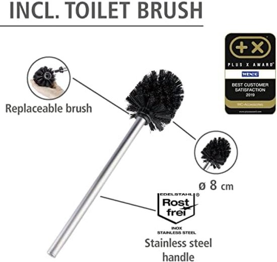 Toiletborstel met roestvrijstalen steel, vervangbare borstelkop van 8 cm.