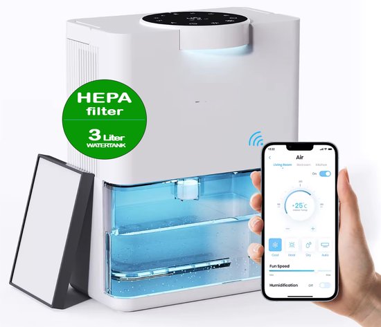 JC's® - Luchtontvochtiger - Luchtreiniger - Luchtontvochtigers - Automatische hygrometer - Extreem Stil - 1000ml/dag - HEPA filter - Dehumidifier - Grote Watertank 3000ml - Voor huis, kamer, badkamer & kelder – Wit