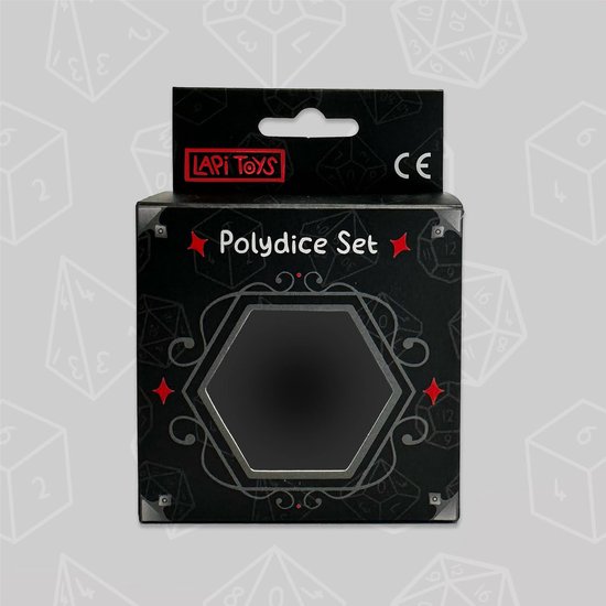 Verpakking van een Lapi Toys Polydice Set met zeshoekige venster.