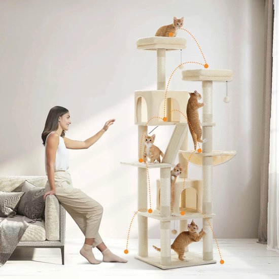 Een vrouw leunt op een bank en speelt met een hoge, beige krabpaal waar zes katten op en rond klimmen. Gestippelde lijnen geven speelroutes aan.