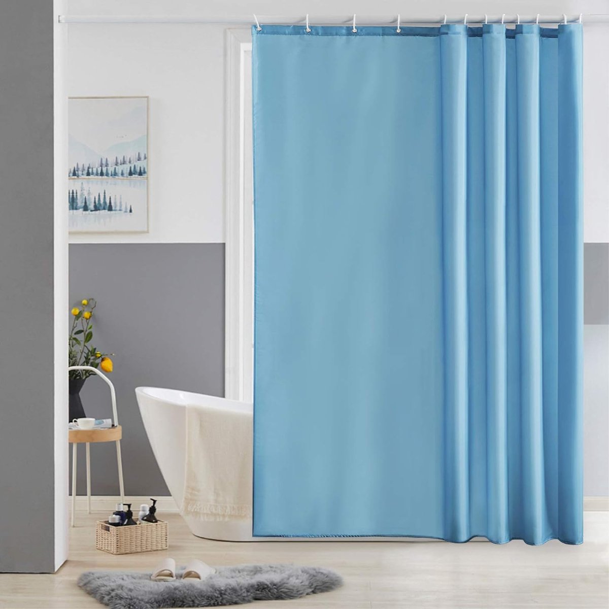 Douchegordijn Anti Schimmel Polyester Stof Waterdicht Douche Gordijnen Wasbaar Textiel voor Badkuip of De Badkamer 12 Douchegordijnhaken Lichtblauw 180x180cm.