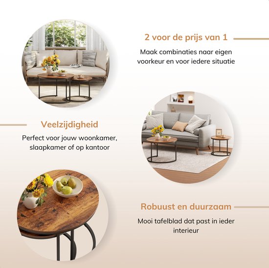 Acaza Table Basse - Table Basse Ronde - Set de 2 Tables basses - 72 Ø cm - Table Basse Industrielle - Marron Vintage