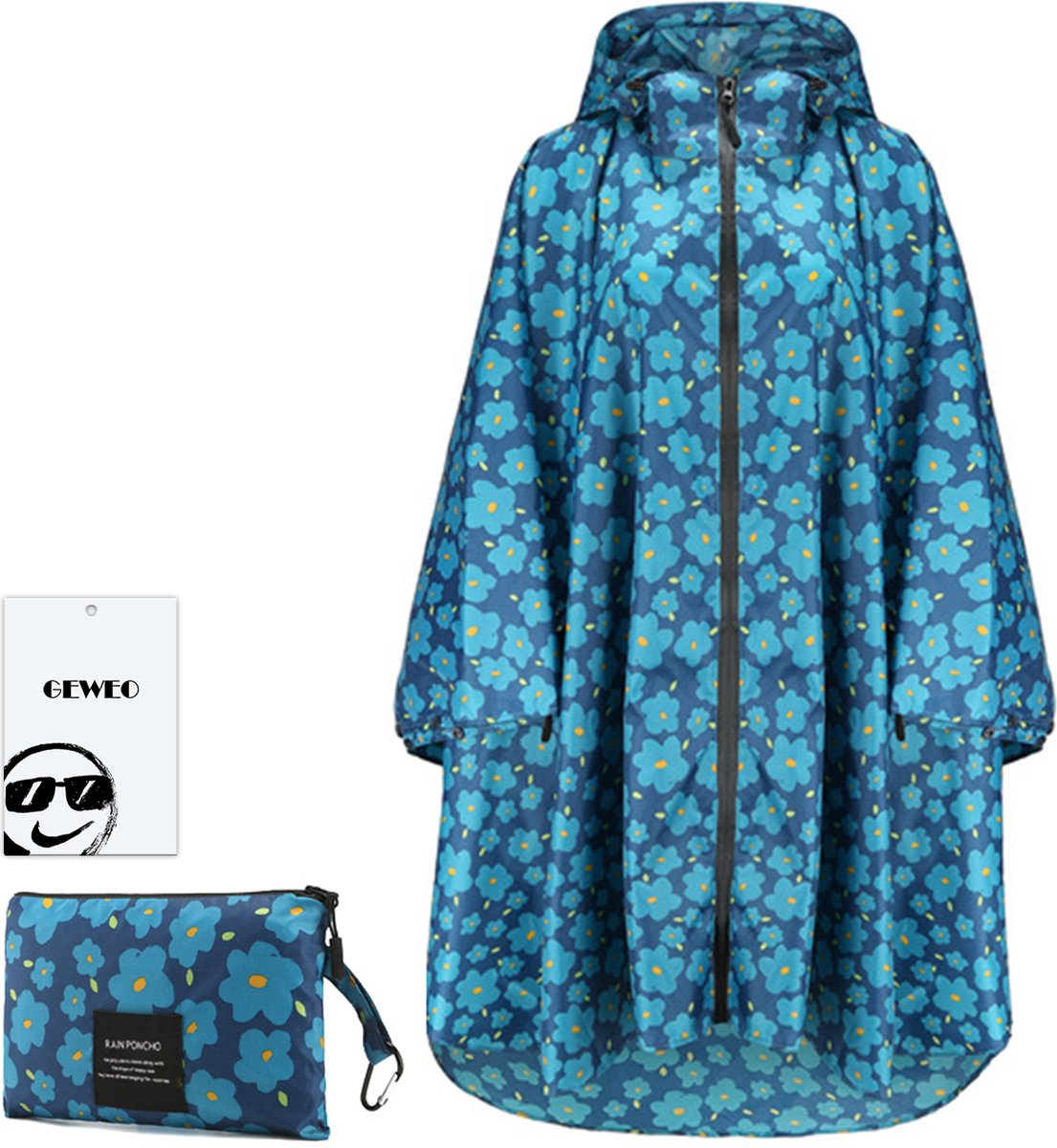 Geweo Regenponcho Volwassenen - Regenmantel Poncho - Raincoat Heren -Fietsponcho - Fietsponcho Fiets Dames - Herbruikbaar- One Size - Unisex - Adjustable Hood en Snap-buttons - Blauwe Bloemen