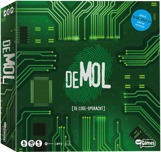 De speldoos van "De Mol: De Code Opdracht" heeft een groen circuitbord-design met een vingerafdruk en de titel in witte letters.