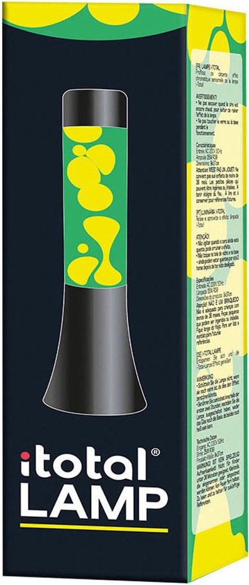 Lava lamp verpakking met de lamp erop afgebeeld, groene vloeistof en witte lava.