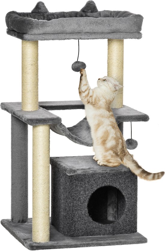 Foto: Krabpaal groot 206 cm hoog xxl kattenboom met 13 krabzuilen 2 platforms 2 holletjes mand hangmat pluche ballen meerlaagse kattenkrabpaal crmewit