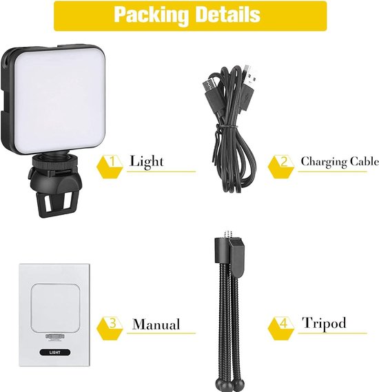 Verpakkingsdetails: LED-lampje, laadkabel, handleiding en statief.