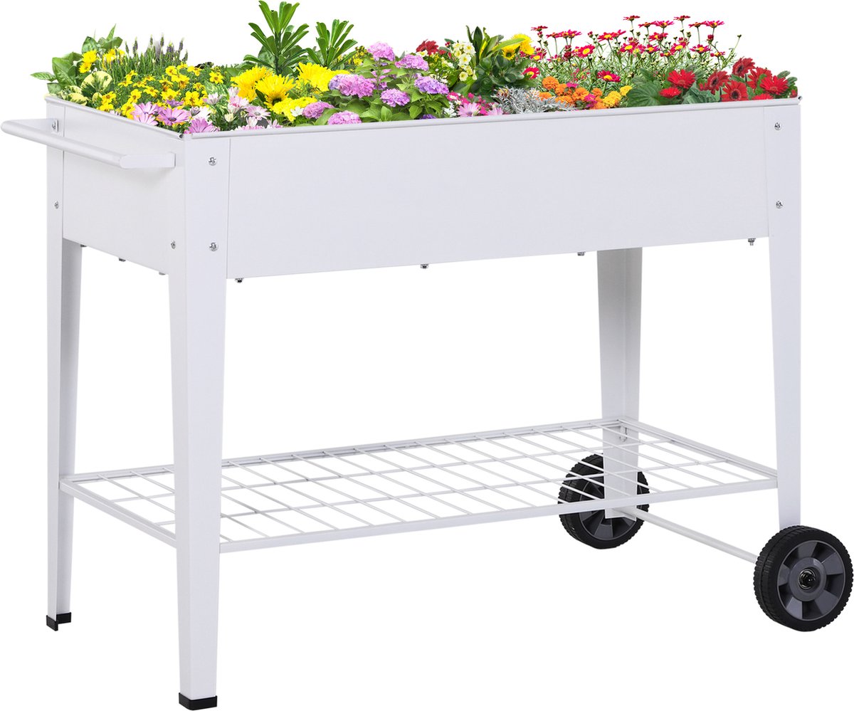 Outsunny Verhoogd bed mobiele plantenwagen met opbergruimte plantenbed 2 wielen metaal wit 845-315
