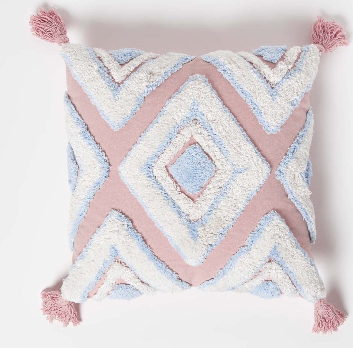 Homescapes Blauw Roze Getuft Kussen 45 x 45 cm - Boho Kussen met Kwastjes, Geometrisch
