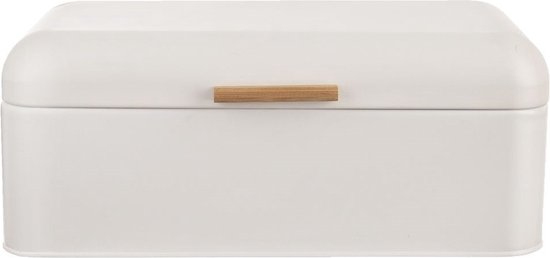 Boîte à pain métallique blanche fermée avec poignée en bois.