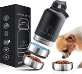 4-in-1 Draagbare Drinkfles / Voerbak voor Honden en Katten - Zwart - Inclusief Voerbak & Waterbak - Roestvrij Staal & BPA-vrij